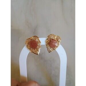 Vintage Goldtone Copper Glitter Lucite Filigree Leaf Style Clip On Earrings